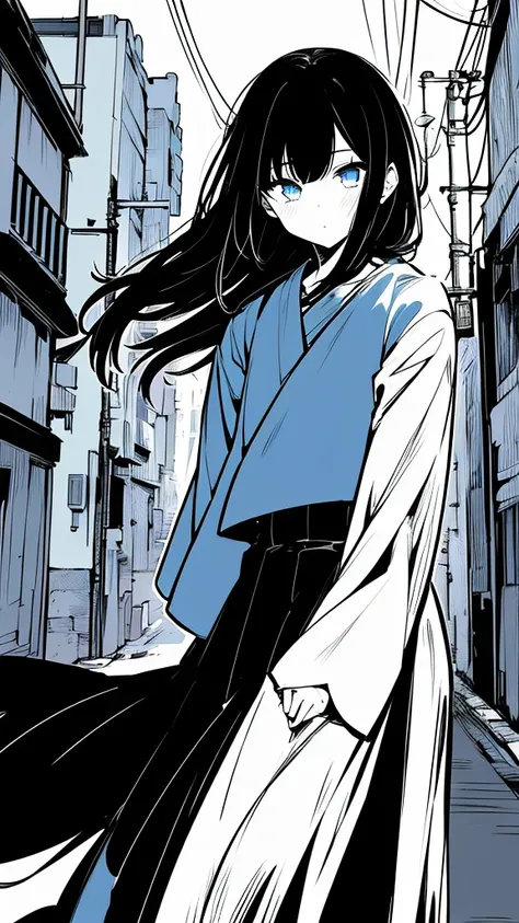 1girl,monochrome color, Blue Art, grayscales、​masterpiece、top-quality、Top image quality、straight haired、Hanging eyes、kawaii、A darK-haired、blue eyes、the wind、Buildings,Tokyo