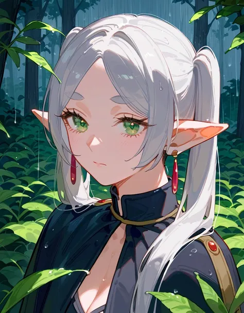 anime artwork, score_9, score_8_up, score_7_up, score_6_up, score_5_up, score_4_up,frieren, 1girl, green eyes, grey hair, twintails, pointy ears, eyebrows, earrings  floox style  ,capelet, panorama,  greenery, upper body, forest, sad, rain, raining
