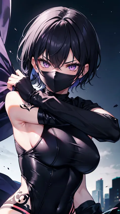 High resolution,high resolution,Girl,Black Hair,Short Hair,Purple Eyes,Slanted Eyes,Bad mood,boyish,slender,Toned body,Black Mask,,Moonlit Night,Ninja,Kunoichi,Tattoo,