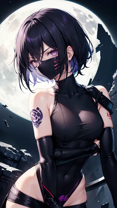 High resolution,high resolution,Girl,Black Hair,Short Hair,Purple Eyes,Slanted Eyes,Bad mood,boyish,slender,Toned body,Black Mask,,Moonlit Night,Ninja,Kunoichi,Tattoo,