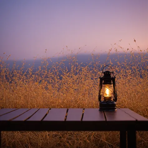 There is a lantern on the table outdoors, Outdoor Camping ， Relaxed atmosphere, warm light, Lantern light, Lighting from the side, Shot with Sony Alpha 1 camera,