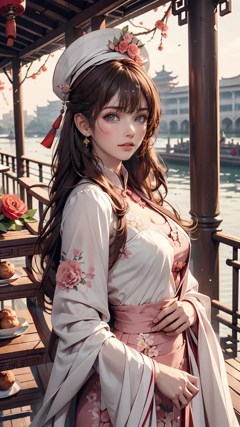 masterpiece, Highest quality, Waterfront, banquet, 1 female, Mature Woman, elegant, Chinese style, ancient China, younger sister, Royal younger sister, Happy, Meatball Head, Light brown hair, Pink Eyes, Gorgeous hat, Light pink lips, Pink clothes, thread-l...