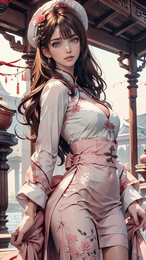 masterpiece, Highest quality, Waterfront, banquet, 1 female, Mature Woman, elegant, Chinese style, ancient China, younger sister, Royal younger sister, Happy, Meatball Head, Light brown hair, Pink Eyes, Gorgeous hat, Light pink lips, Pink clothes, thread-l...