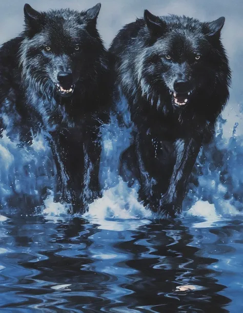 black wolves in water, light blue background