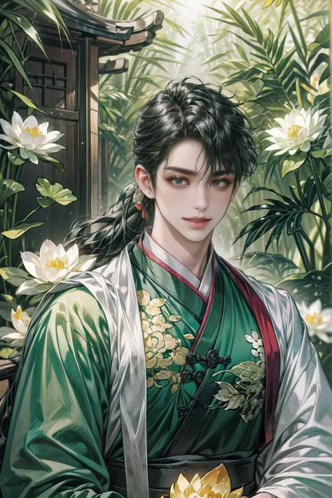 xianxia, (((best quality))),masterpiece,ultra high resolution,extraordinarily beautiful youth, a bright, villains smile,all gree...