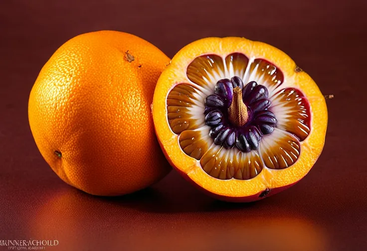 Generate a highly detailed and realistic photo of a unique, never-before-seen fruit that is a hybrid between a mangosteen and an orange. The fruit should have the round shape and deep purple rind of a mangosteen, but with the texture and vibrant orange col...