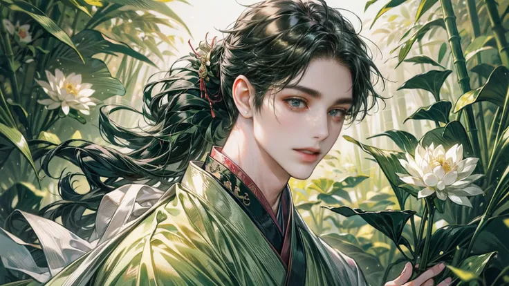 xianxia, (((best quality))),masterpiece,ultra high resolution,extraordinarily beautiful youth, a bright, villains smile,all gree...