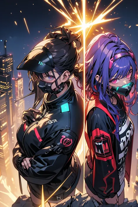 Highest quality, masterpiece, Ultra-high resolution,A man and two women standing on top of a building overlooking the city at night，Neon Town, cyber punk vibe, cyber punk art style, cyber punk vibes, digital cyber punk - anime art, cyber punk themed art, c...