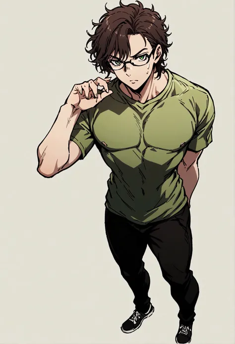 fullbody,masterpiece,standing,tshirt,dark brown curly short hair,green eyes,(bangs),adult,1boy,solo,light stuble,glasses,