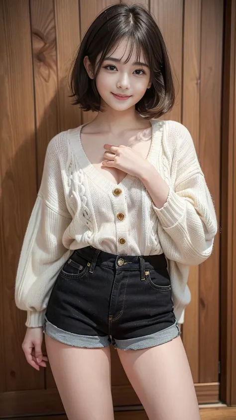 ((Highest quality、masterpiece、High resolution))、(((Full body photo)))、(A shy smile:1.2)、1 Japanese female, age 15、Beautiful Skin、Beautiful Eyes、（Very cute face）,（（Well-formed face））sweater、（Open chest）,Short Bob、Black Hair,（Shorts,Beautiful legs）