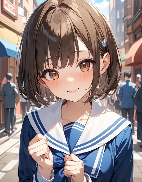 (Highest qualityのイラスト:1.2), (Beautiful girls:1.1), (1 Girl、17 years old、Highest qualityのイラスト:1.2), (1 Girl、Kind eyes、Brown eyes:1.2)、Short Bob Hair、(Highest quality、Very detailed、cute、Ultra-high resolution) 、Sailor suit、Shy smile 0.5、Street Performance