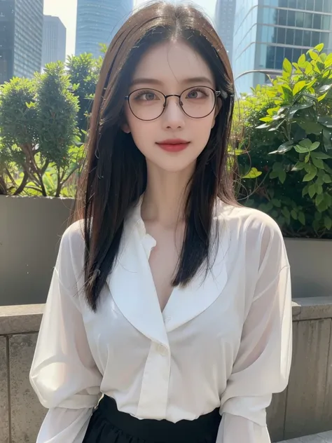 ((best quality, 8K, masterpiece: 1.3)),upper body,Black-rimmed glasses,Black Hair, black eye,sharp focus: 1.2, beautiful woman: 1.4, ((medium hair: 1.2)),(Silk darkmagenta long skirt、White long sleeve blouse with lace), (wet from rain: 1.3), (rain, street:...