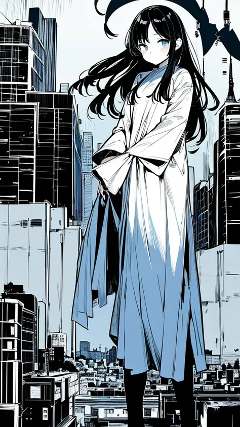 1girl,monochrome color, Blue Art, grayscales、​masterpiece、top-quality、Top image quality、straight haired、Hanging eyes、kawaii、A darK-haired、blue eyes、the wind、Buildings,Tokyo,空を飛ぶ鯨