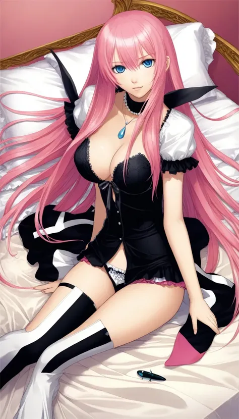 Official Art,１Man Beautiful Adult Woman,Vocaloid Megurine Luka,Pink long hair,blue eyes,Big Breasts,lure,bed, 