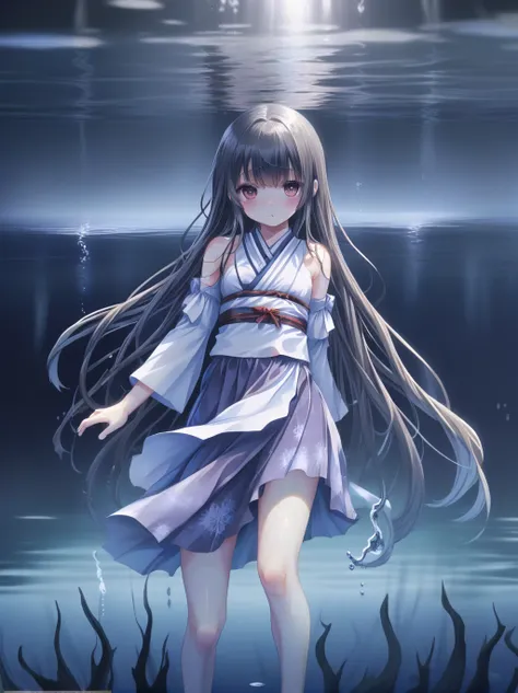 partially underwater, lakeの女神, long hair, wet hair,
lake,dark background, blurred edges,8-year-old、flat chest、skirt、above the wa...