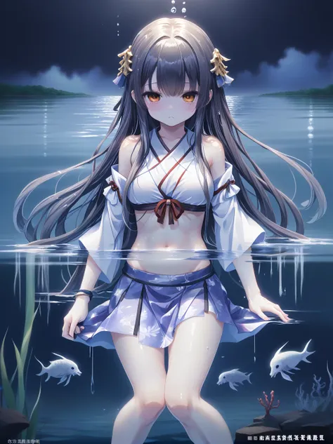 partially underwater, lakeの女神, long hair, wet hair,
lake,dark background, blurred edges,8-year-old、flat chest、skirt、above the wa...