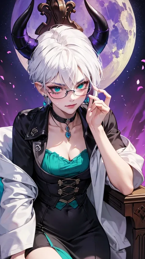 8k, masterpiece, best quality, highly detailed, 1 girl, tiefling, warlock, multicolored hair, very short straight hair green highlight hair on white hair, strippled hair, wearing glasses, round glasses, earrings, red eyeshadow, long eyelashes,navel piercin...