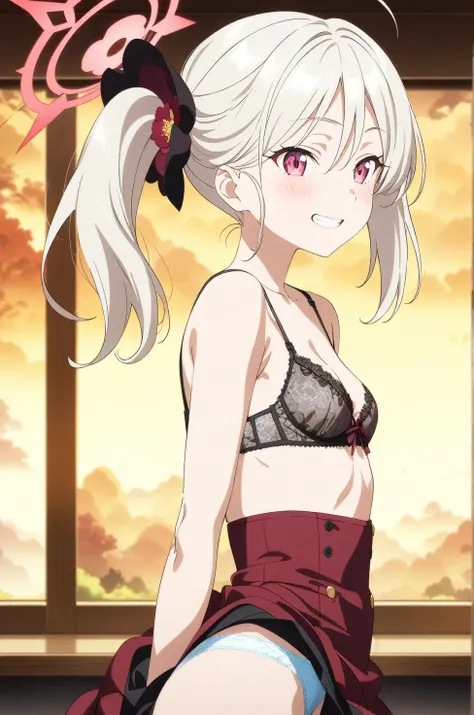 best quality, amazing quality, very aesthetic, absurdres, (1girl, mutsuki, blue archive, solo, red eyes, white hair, side ponytail), (realistic face:0.9),(lace-trimmed bra:1.8),dress lift, (grin, blush, thigh:1.3), (cowboy shot), (glistening eyes), (from s...