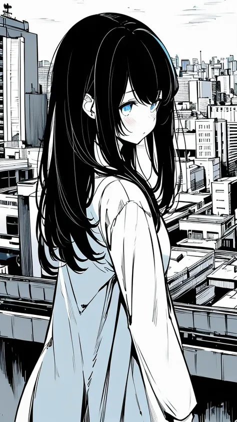 1girl,monochrome color, Blue Art, grayscales、​masterpiece、top-quality、Top image quality、straight haired、Hanging eyes、kawaii、A darK-haired、blue eyes、the wind、Buildings,Tokyo,空を飛ぶ鯨