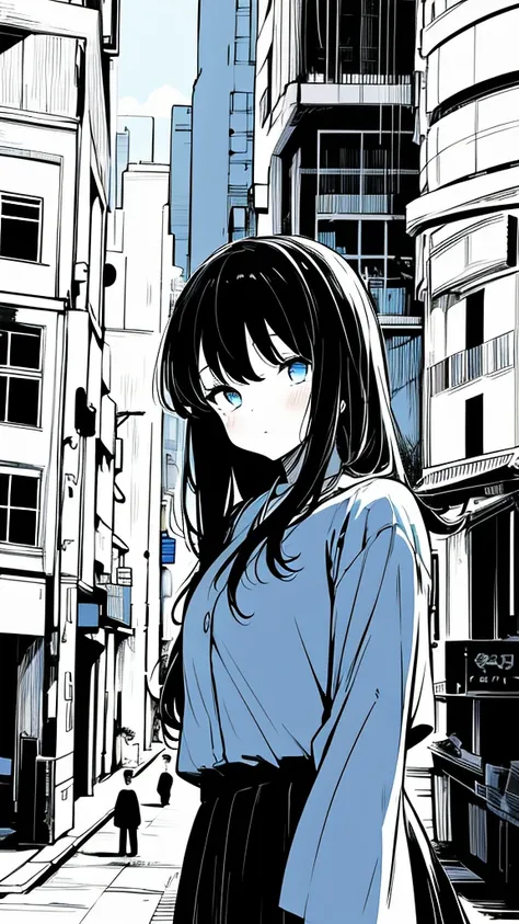 1girl,monochrome color, blue art, grayscales、​masterpiece、top-quality、top image quality、straight haired、hanging eyes、kawaii、a da...