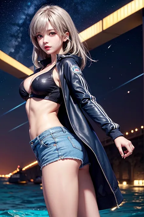 (masterpiece:1.5, Highest quality, Very detailed、 Dutch Angle、Realistic、2.5D、Realistic)(One Girl, Sports Girl)(Grey Hair:1.6,,short hair)(Sports Bra、Jacket:1.5、Shorts、肩にJacketをかける)、((medium breasts, Beautiful cleavage,underboob))(from backside),(Beautiful ...