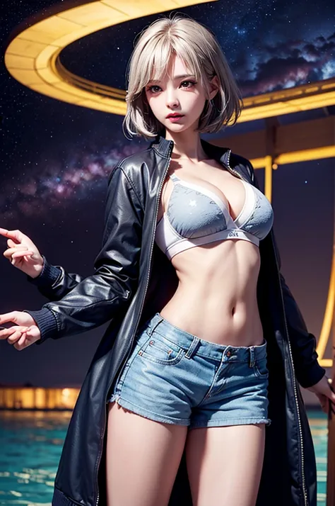 (masterpiece:1.5, Highest quality, Very detailed、 Dutch Angle、Realistic、2.5D、Realistic)(One Girl, Sports Girl)(Grey Hair:1.6,,short hair)(Sports Bra、Jacket:1.5、Shorts、肩にJacketをかける)、((medium breasts, Beautiful cleavage,underboob))(from backside),(Beautiful ...