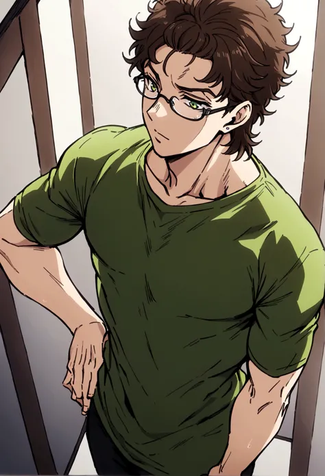 fullbody,masterpiece,standing,tshirt,dark brown curly short hair,green eyes,(bangs),adult,1boy,solo,light stuble,glasses,