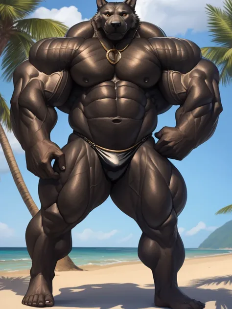 realistic, hyper realistic, detailed muscle,(furry black wolf), good anatomy, masterpiece, art winner, beach, extremely huge muscular, massive muscular, full-body, well-muscled old man. ((extremely muscle size, super thick arms, huge pec, extremely wide pe...