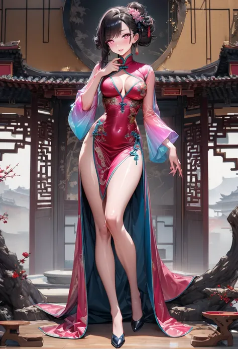 Young beautiful woman,(Highest quality,Extremely detailed depiction,Incredibly absurd high resolution,Anatomically accurate depiction,Two lovely hands, Five perfect fingers,Curvy Legs),(Glowing Skin,Shiny skin),((A cheongsam made of strong, shiny satin fab...