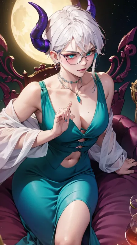 8k, masterpiece, best quality, highly detailed, 1 girl, tiefling, warlock, multicolored hair, very short straight hair green highlight hair on white hair, strippled hair, wearing glasses, round glasses, earrings, red eyeshadow, long eyelashes,navel piercin...