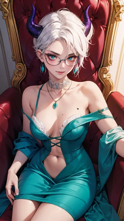 8k, masterpiece, best quality, highly detailed, 1 girl, tiefling, warlock, multicolored hair, very short straight hair green highlight hair on white hair, strippled hair, wearing glasses, round glasses, earrings, red eyeshadow, long eyelashes,navel piercin...