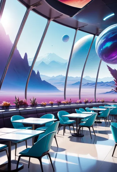 A spacious, empty cafeteria on a distant planet, featuring large windows that offer a breathtaking view of an alien landscape with distant mountains and strange flora. The cafeterias futuristic design includes sleek, metallic tables and chairs, with soft a...