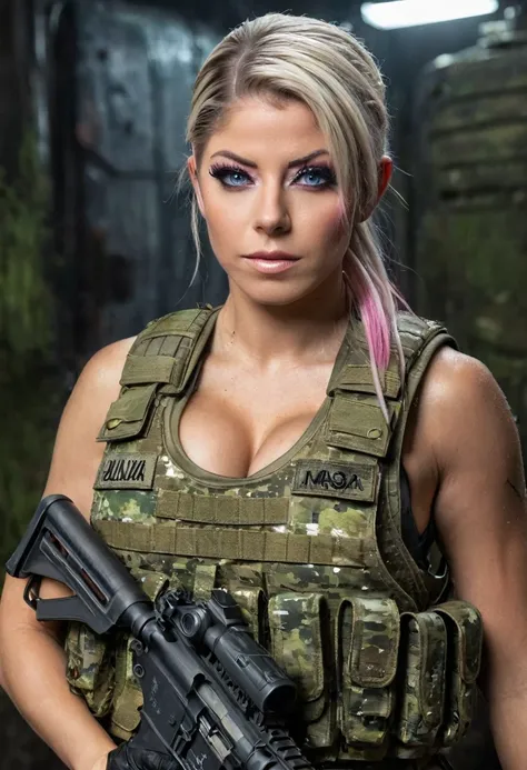 cinematic battlefield in ruin city, a ultra-detailed hyperrealist photography of alexa bliss, (black straight chanel hair), braz...