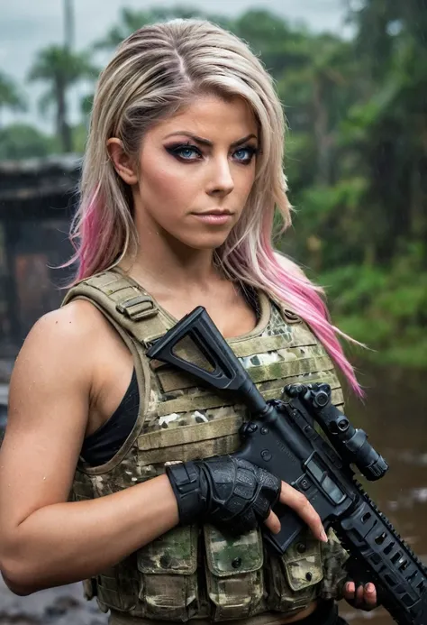 cinematic battlefield in ruin city, a ultra-detailed hyperrealist photography of alexa bliss, (black straight chanel hair), braz...