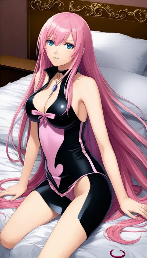 Official Art,１Man Beautiful Adult Woman,Vocaloid Megurine Luka,Pink long hair,blue eyes,Big Breasts,lure,bed, 