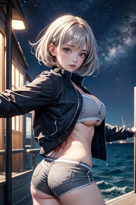 (masterpiece:1.5, Highest quality, Very detailed、 Dutch Angle、Realistic、2.5D、Realistic)(One Girl, Sports Girl, cutegirl)(Grey Hair:1.6,,short hair)(Sports Bra、Jacket:1.5、Shorts、肩にJacketをかける)、((medium breasts, Beautiful cleavage,underboob))(from backside),(...