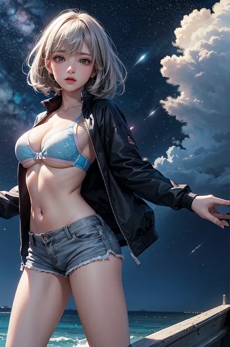 (masterpiece:1.5, Highest quality, Very detailed、 Dutch Angle、Realistic、2.5D、Realistic)(One Girl, Sports Girl, cutegirl)(Grey Hair:1.6,,short hair)(Sports Bra、Jacket:1.5、Shorts、肩にJacketをかける)、((medium breasts, Beautiful cleavage,underboob))(from backside),(...