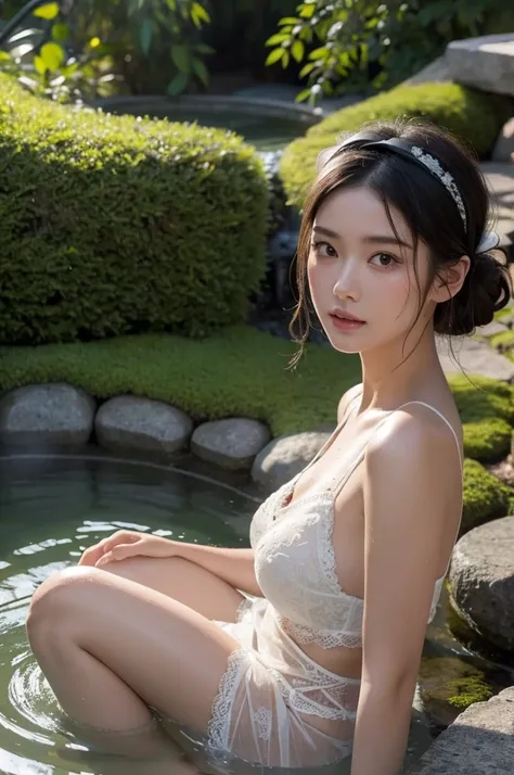 best quality, masterpiece, Ultra-high resolution, A supermodel soaks in a hot spring in Japan, Outdoor hot spring, Stone hot spring, Surrounded by moss and trees, Super beautiful face, Pure body, Clearly visible pores, (Smile:0.8), Wearing separates (Lace ...