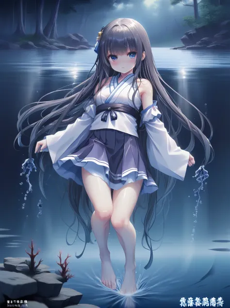 partially underwater, lakeの女神, long hair, wet hair,
lake,dark background, blurred edges,8-year-old、flat chest、skirt、above the wa...