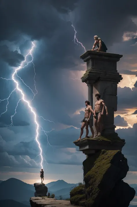 Create an image of stoic defiance, with Seneca and Marcus Aurelius, standing on a rock ,with lightning bolts.
Inviting to shirtless and body challenges 