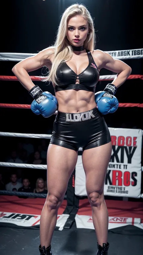 Cute young sexy blonde college bombshell, (young barbie doll face), 18 years old, blue eyes, ((black boxing shorts)), ((skimpy boxing shorts)), (skimpy bra:1.3), (black stiletto-heeled boxing boots), blue eyes, straight blonde hair, muscular arms, slim ton...