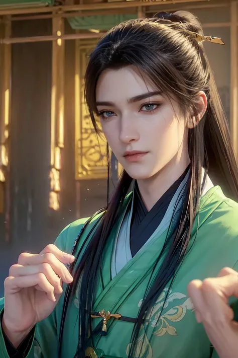 xianxia, (((best quality))),masterpiece,ultra high resolution,extraordinarily beautiful youth, a bright, villains smile,All green clothing,((boy 24 year old, green hanfu,green clothing, Chinese shirt style)) ,boy character ,((Thick black long hair)),beauti...