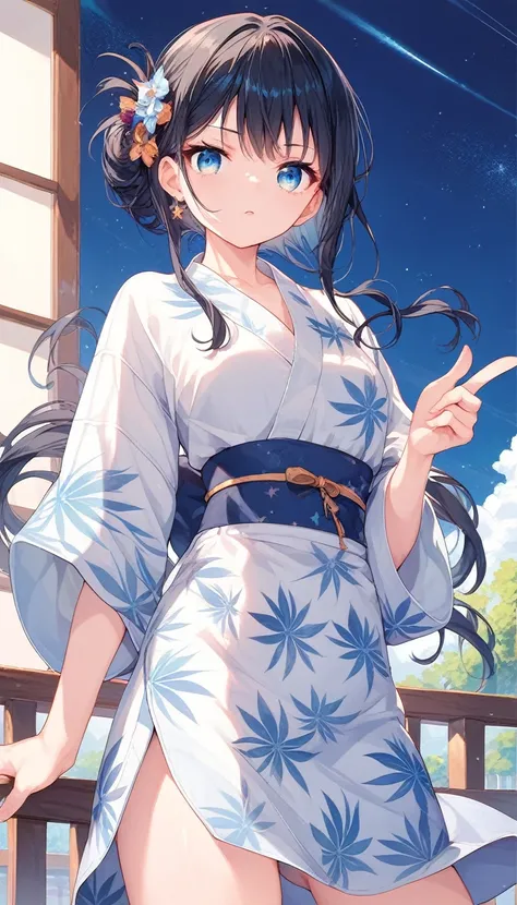 A black-haired girl pointing at the starry sky of Tanabata。She is wearing a light blue yukata with a summery blue and white pattern.、Distant starry sky。A girl in the distance。