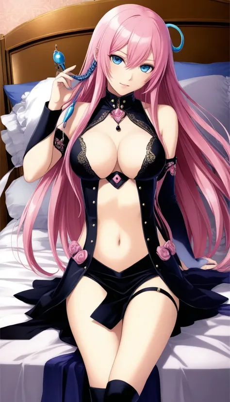 Official Art,１Man Beautiful Adult Woman,Vocaloid Megurine Luka,Pink long hair,blue eyes,Official Artの黒金衣装,Big Breasts,lure,bed, 