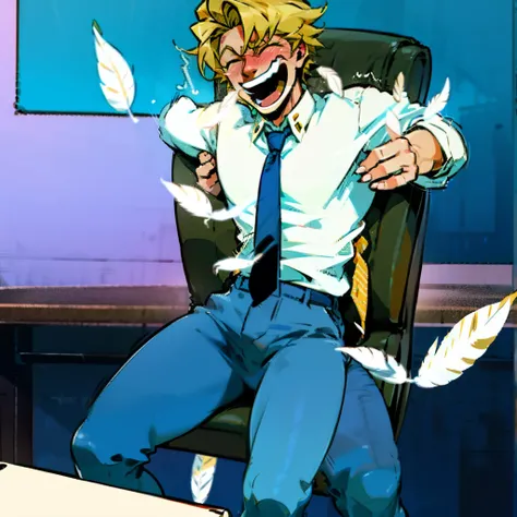 , blonde handsome skinny man wearing white shirts and blue ties and grey pants laughing, sitting on chair and feet on desk, feet tickling by feathers held by handsome skinny brown haired man, toes tickled by feathers , office background 