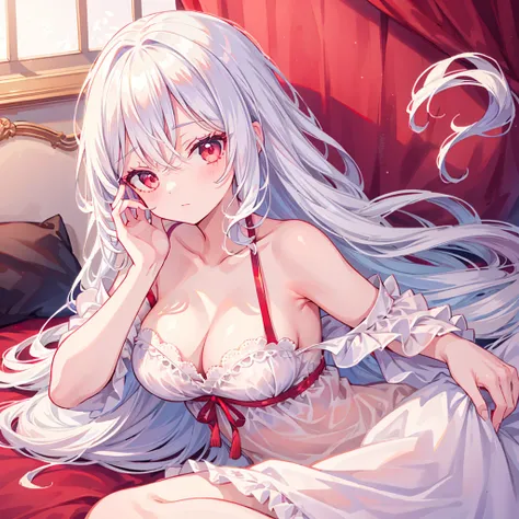 best quality,Real fingers,Good looking body,Practical:1.37),A girl lying on the bed,[White hair],[Red Eyes]