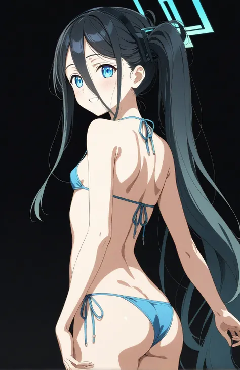 best quality, amazing quality, very aesthetic, absurdres, (1girl, aris, blue archive, solo, blue eyes), (realistic face:0.9),(string bikini:1.8), (grin, blush, thigh:1.3), (cowboy shot), (glowing eyes), (half closed eyes:0.9), (ass), (official art:1.3), (p...