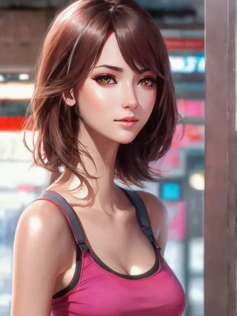 Beautiful supermodel Vicky,  shoulder length messy brown hair, heterochromia red and grey, white crop top with black symbols and pink tanktop, happy, shopping, Full body Beautiful anime style woman, clean detailed faces, intricate clothing, analogous color...