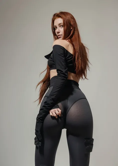 25-year-old Caucasian French girl with shoulder-length messy red hair,  Captured in the best quality, this illustration serves as a 4K wallpaper,tight grey leggings, 