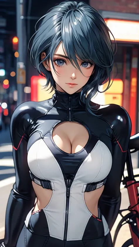 1 Female, Tamaki, short hair, hair between eyes, (detailed eyes:1.3), Rider Suit, cleavage, bike